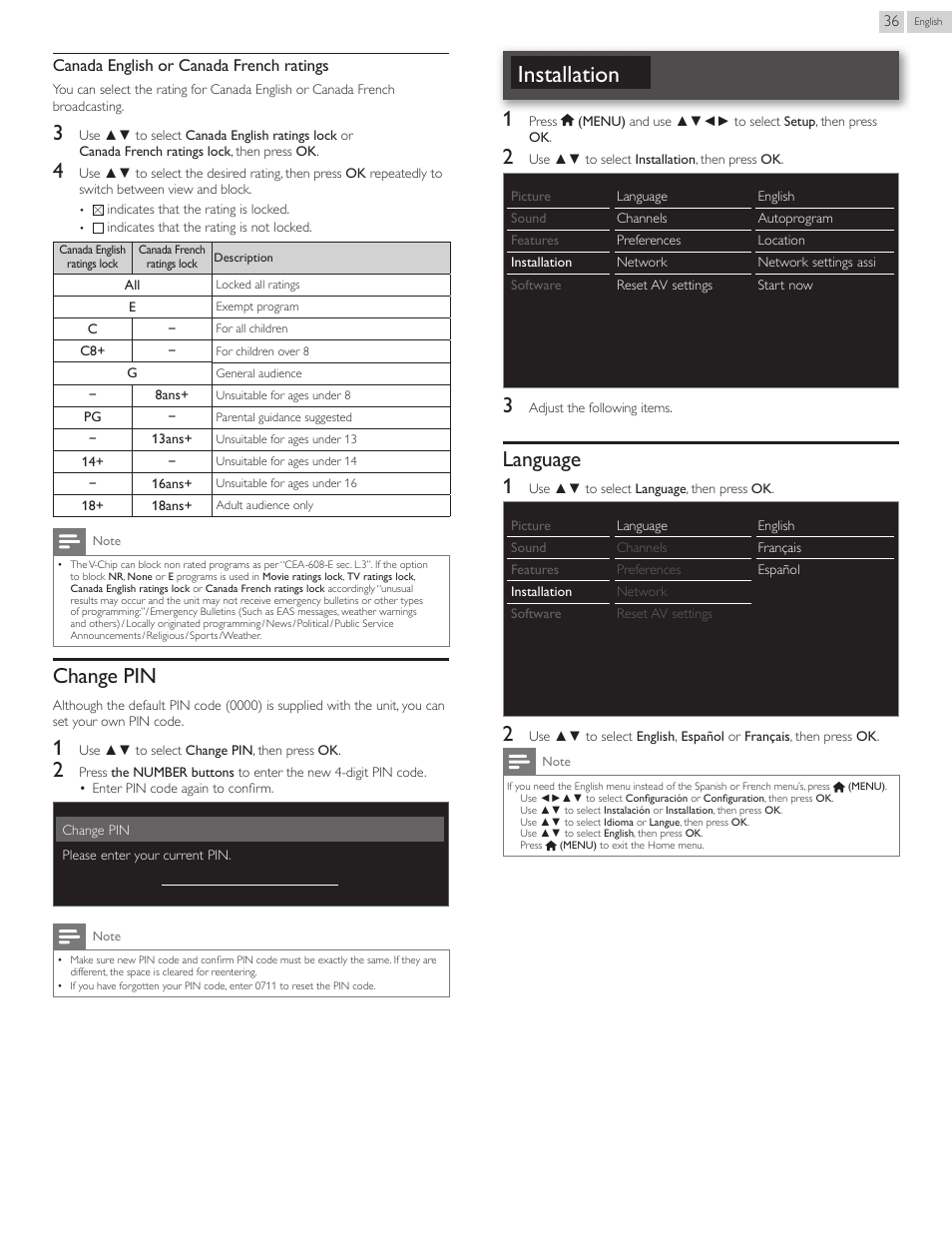 Change pin, Installation, Language | Language 1, Canada english or canada french ratings | Philips 55PFL5907-F7 User Manual | Page 36 / 67