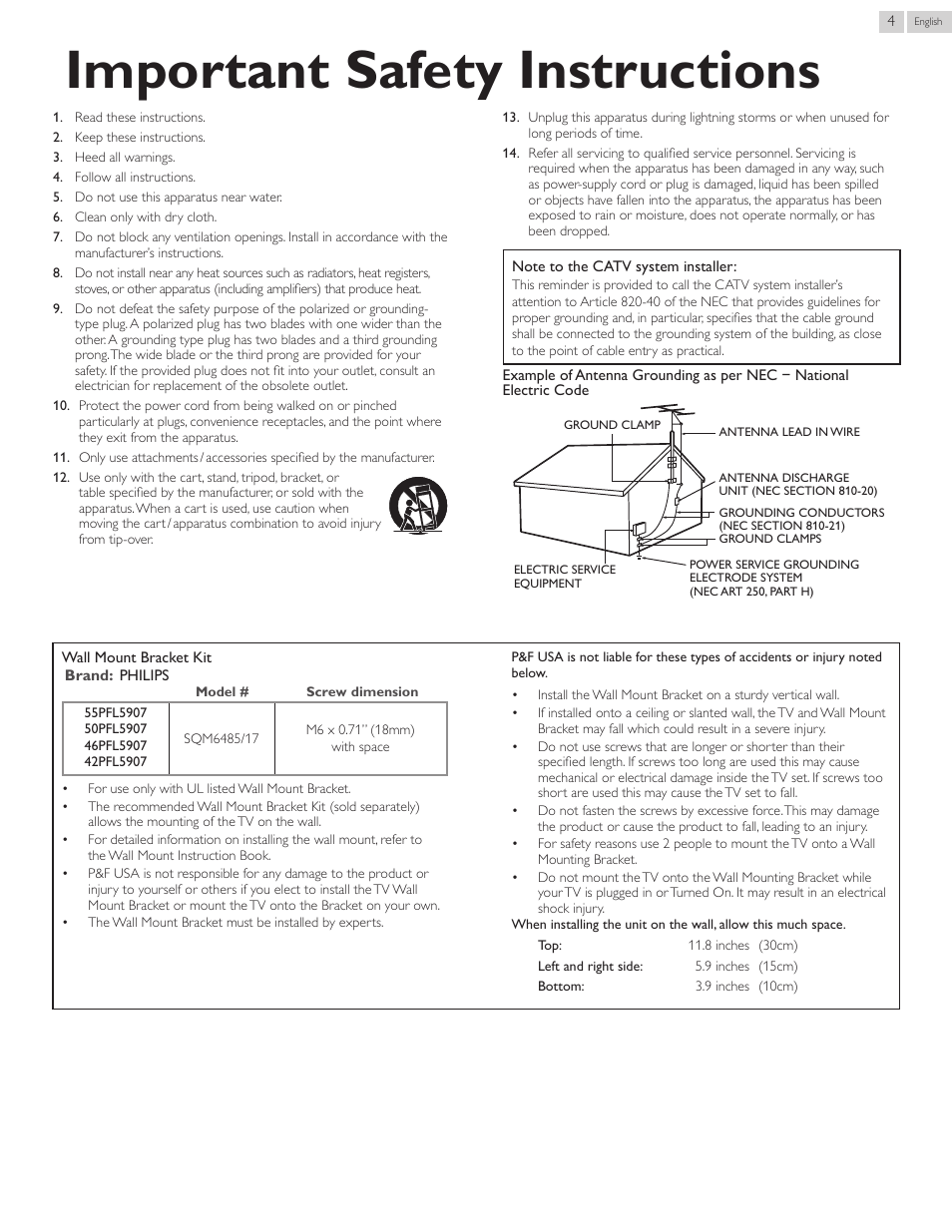 Important safety instructions | Philips 55PFL5907-F7 User Manual | Page 4 / 67