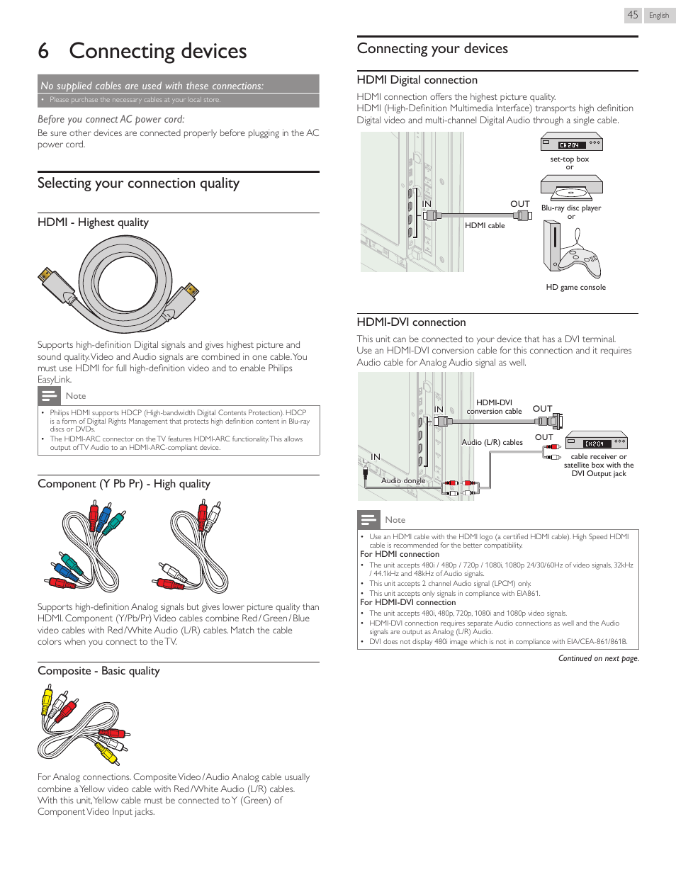 6 connecting devices, Selecting your connection quality, Connecting your devices | 6connecting devices, Hdmi - highest quality, Component (y pb pr) - high quality, Composite - basic quality, Hdmi digital connection, Hdmi-dvi connection | Philips 55PFL5907-F7 User Manual | Page 45 / 67