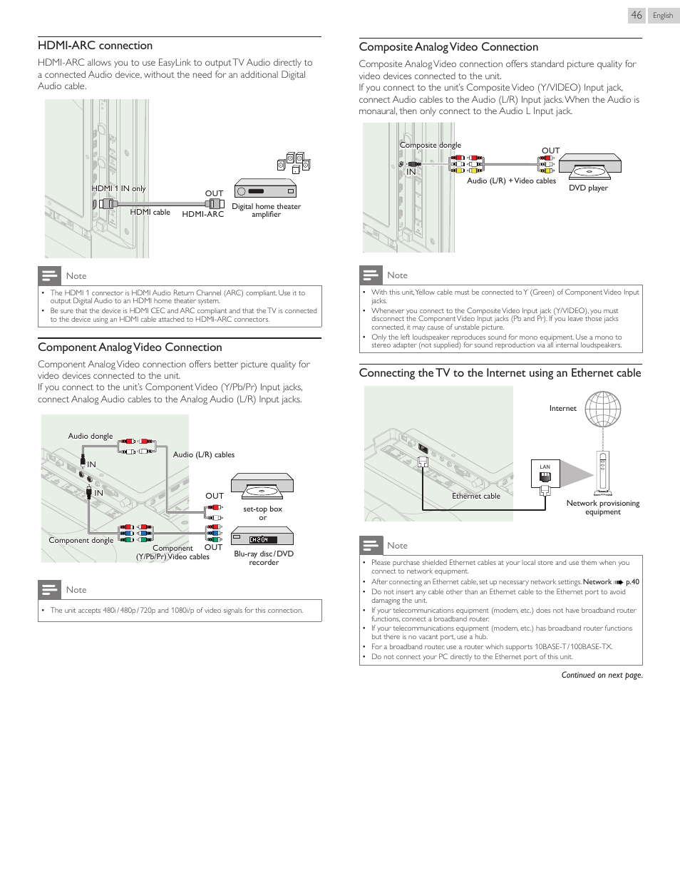 Hdmi-arc connection, Component analog video connection, Composite analog video connection | Philips 55PFL5907-F7 User Manual | Page 46 / 67