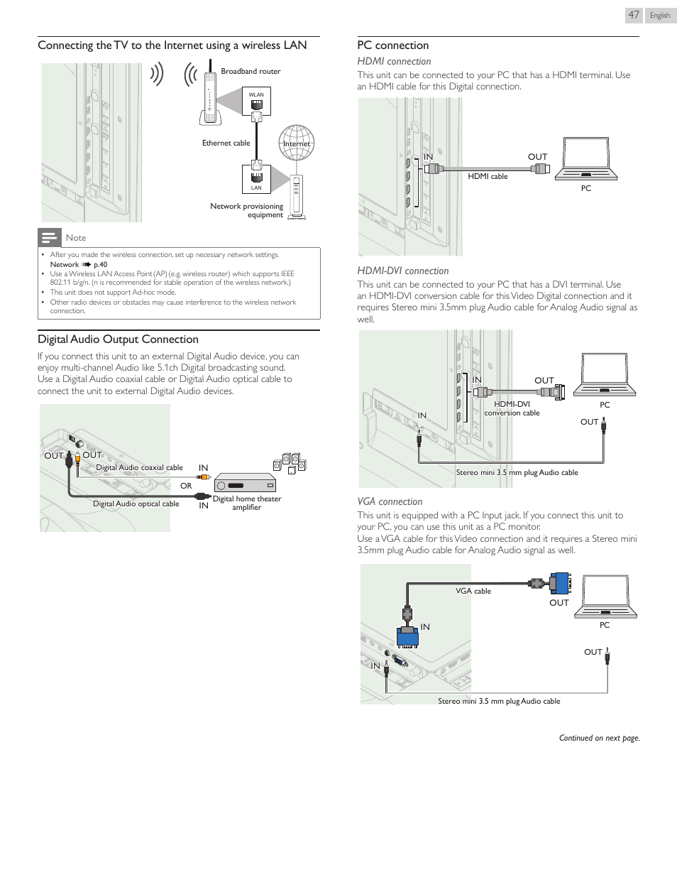 Digital audio output connection, Pc connection | Philips 55PFL5907-F7 User Manual | Page 47 / 67