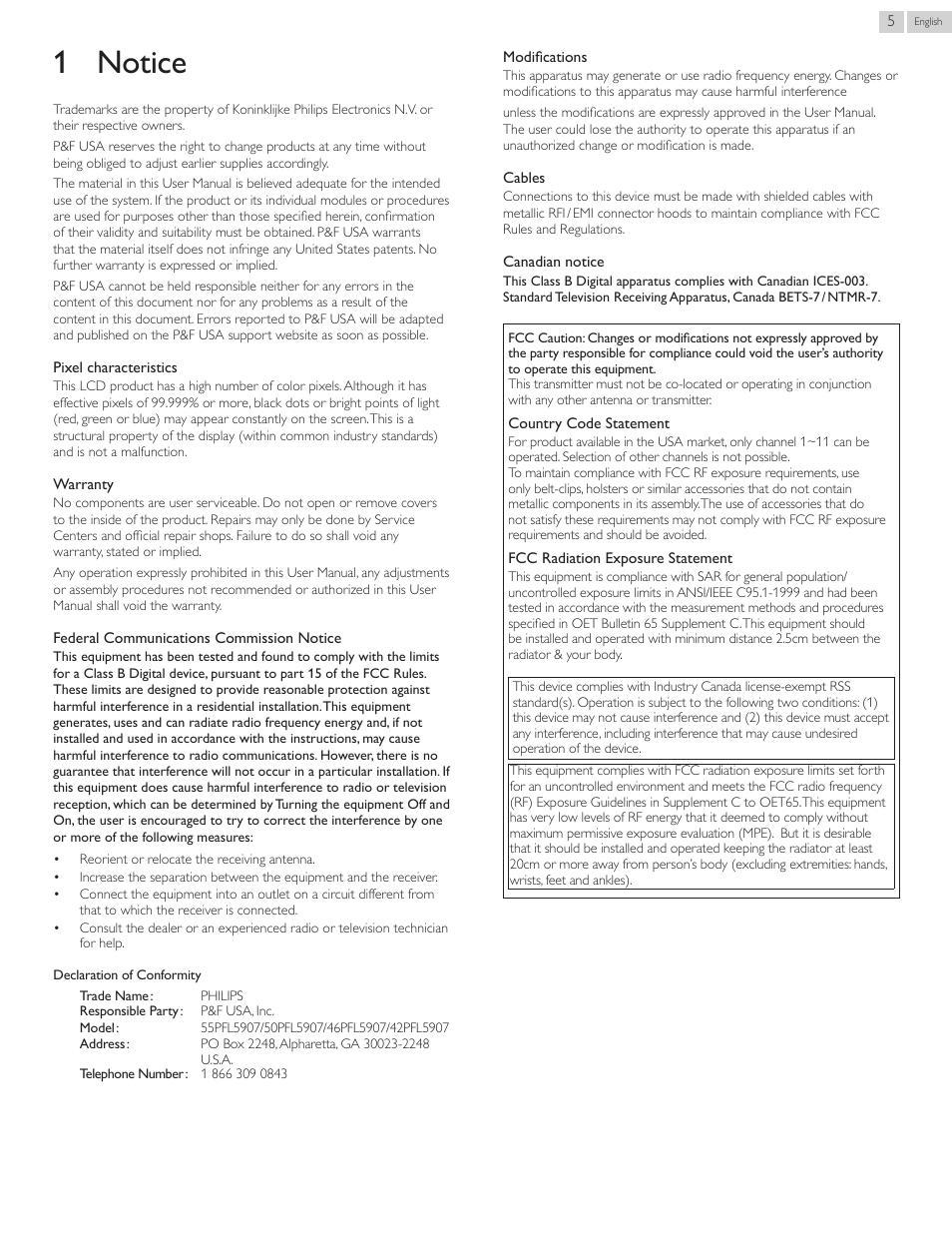 1 notice | Philips 55PFL5907-F7 User Manual | Page 5 / 67