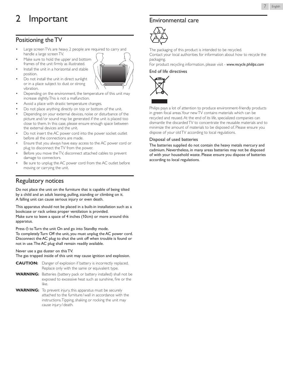 2 important, Positioning the tv, Regulatory notices | Environmental care, 2important | Philips 55PFL5907-F7 User Manual | Page 7 / 67