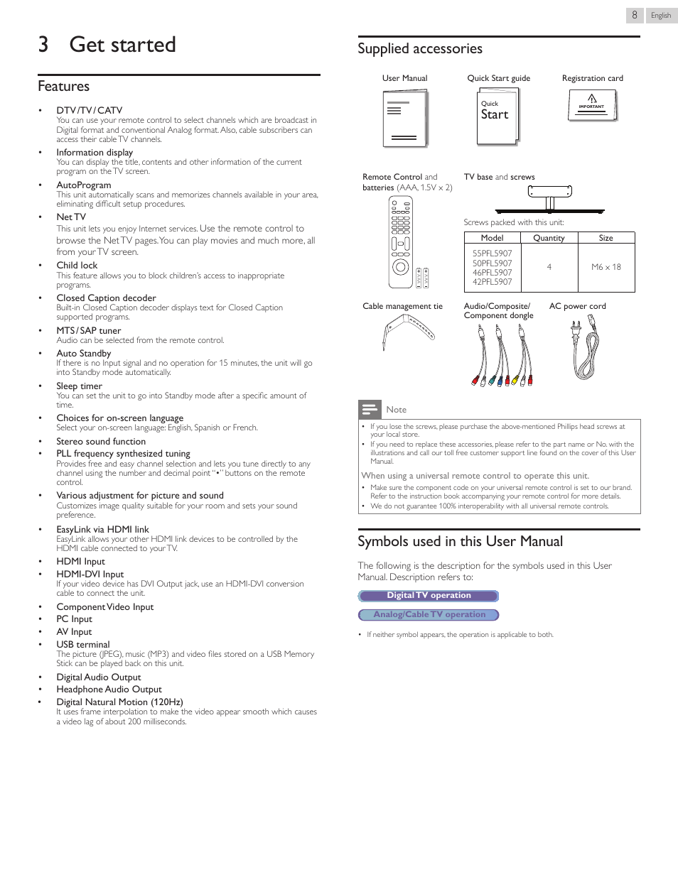 3 get started, Features, Supplied accessories | Symbols used in this user manual, 3get started, Start | Philips 55PFL5907-F7 User Manual | Page 8 / 67