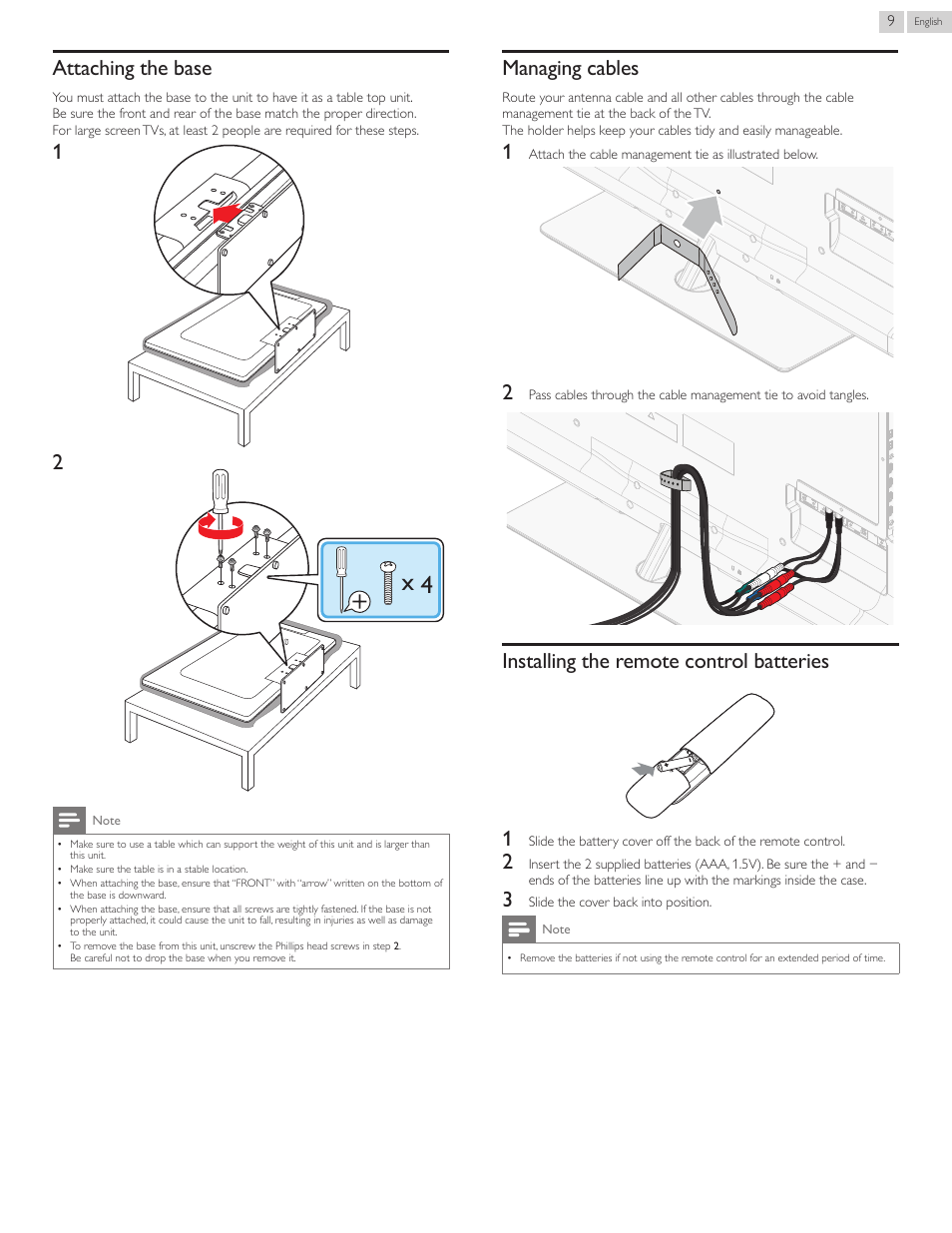 Attaching the base, Managing cables, Installing the remote control batteries | Philips 55PFL5907-F7 User Manual | Page 9 / 67
