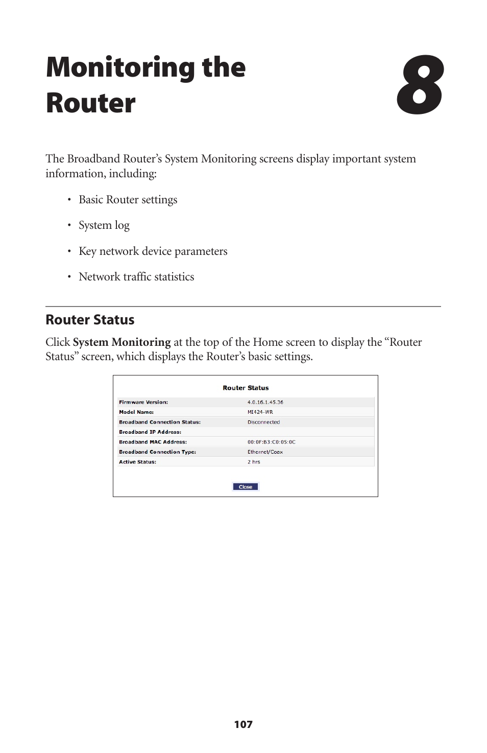 Monitoring the router, Router status | Actiontec electronic MI408 User Manual | Page 109 / 140