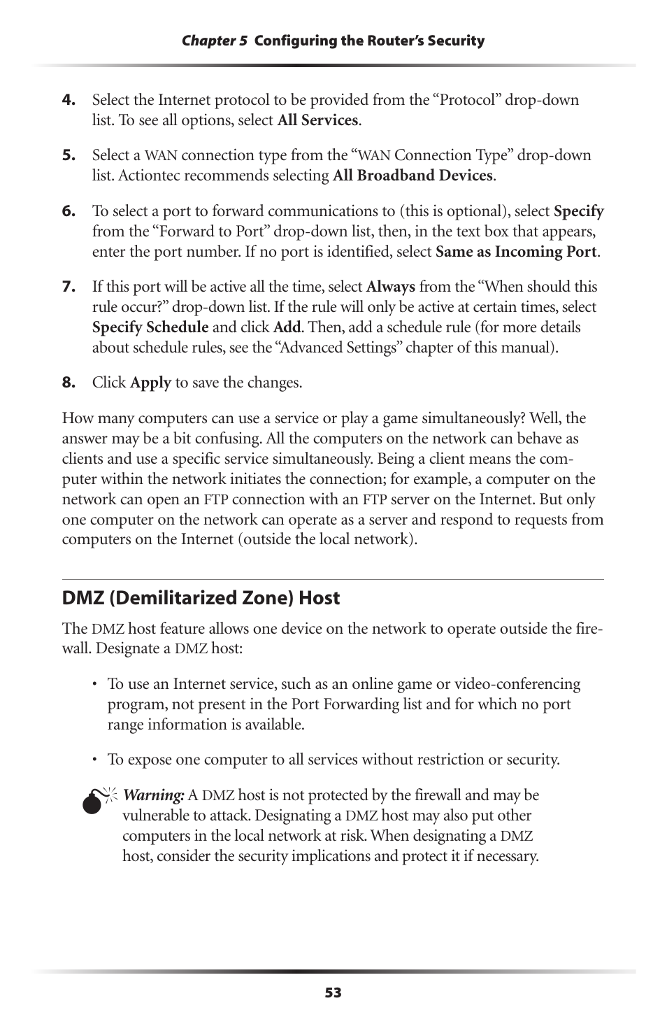 Dmz (demilitarized zone) host | Actiontec electronic MI408 User Manual | Page 55 / 140