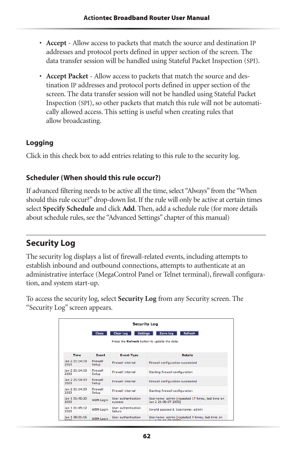 Security log | Actiontec electronic MI408 User Manual | Page 64 / 140