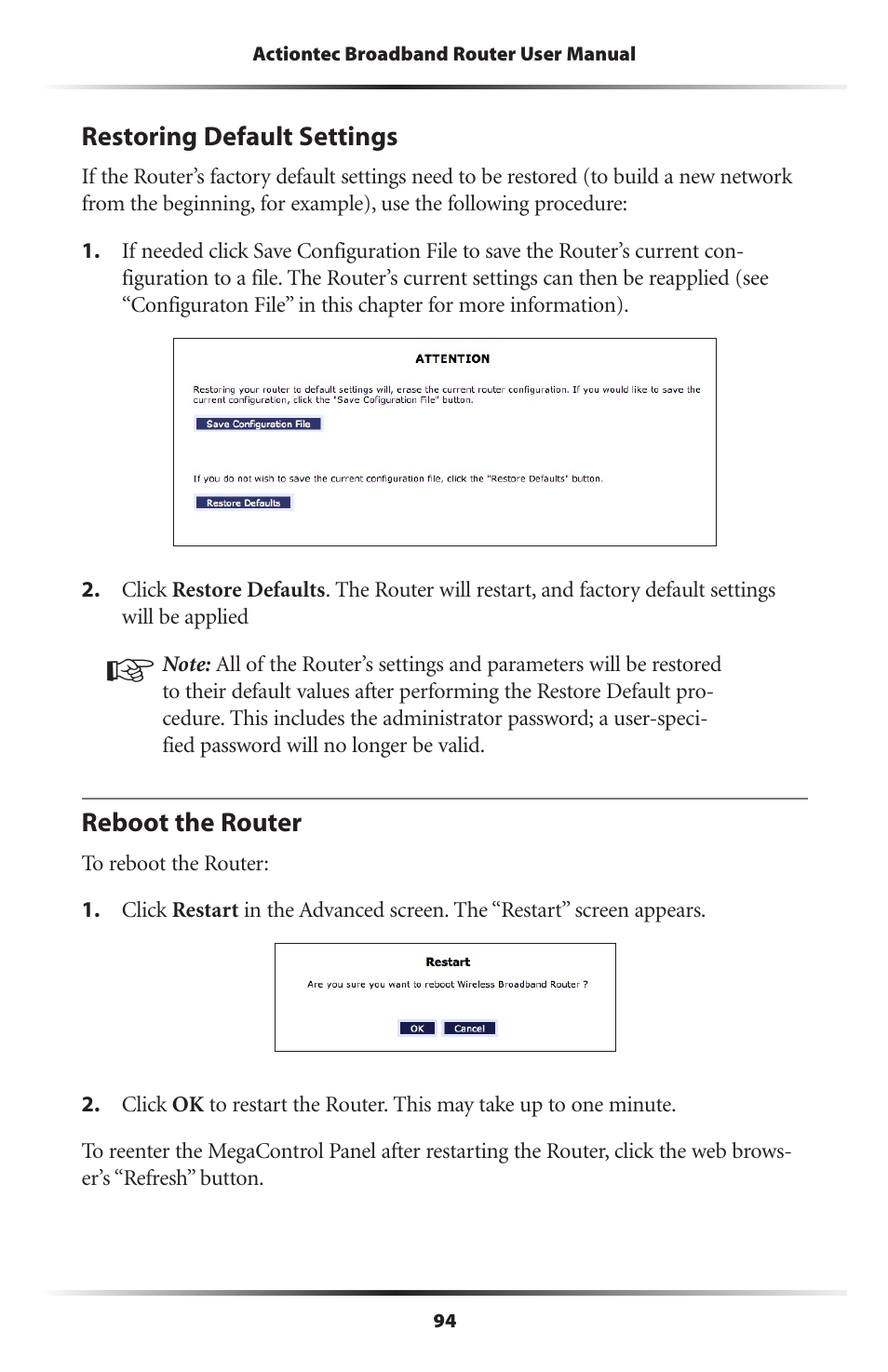 Restoring default settings, Reboot the router, 94 reboot the router | Actiontec electronic MI408 User Manual | Page 96 / 140