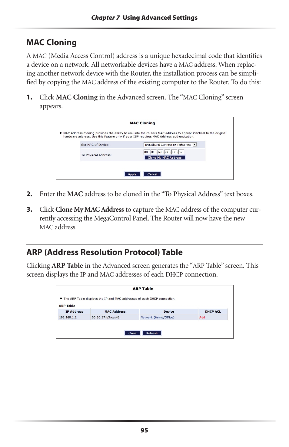 Mac cloning, Arp (address resolution protocol) table, 95 arp (address resolution protocol) table | Actiontec electronic MI408 User Manual | Page 97 / 140