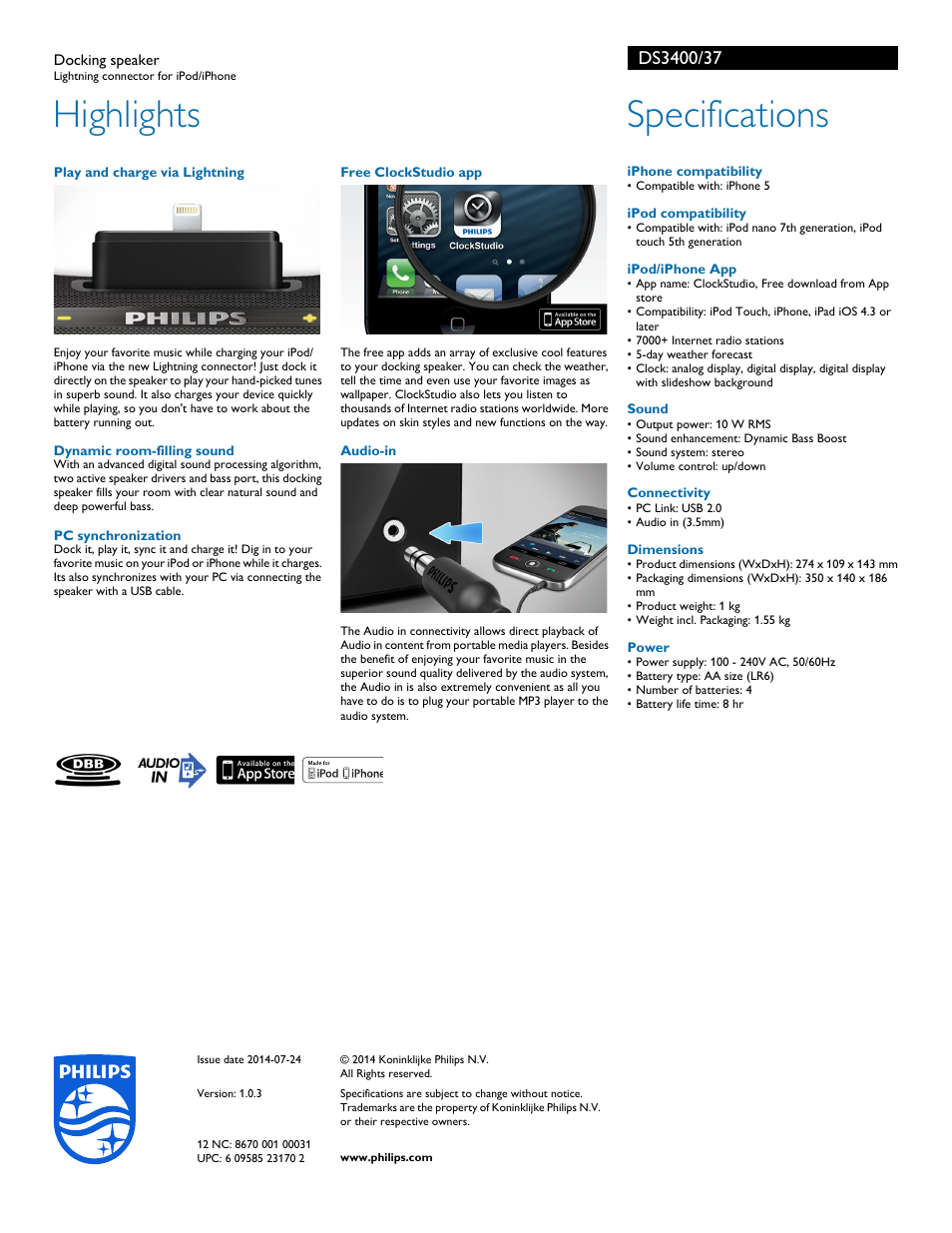 Highlights, Specifications | Philips DS3400-37 User Manual | Page 2 / 2