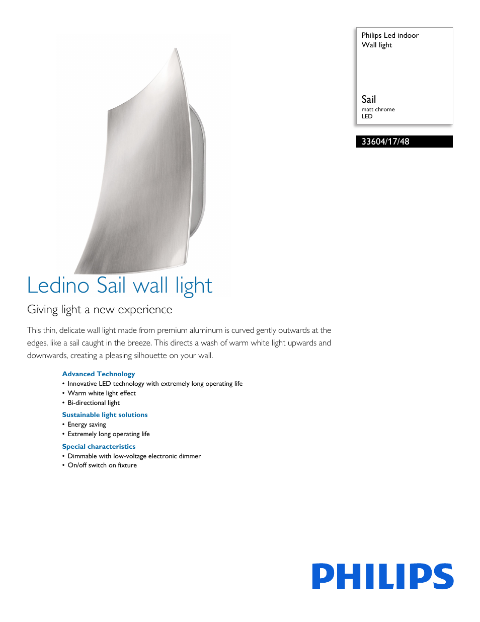 Philips Led indoor Wall light 33604-17-48 Sail matt chrome LED User Manual | 2 pages