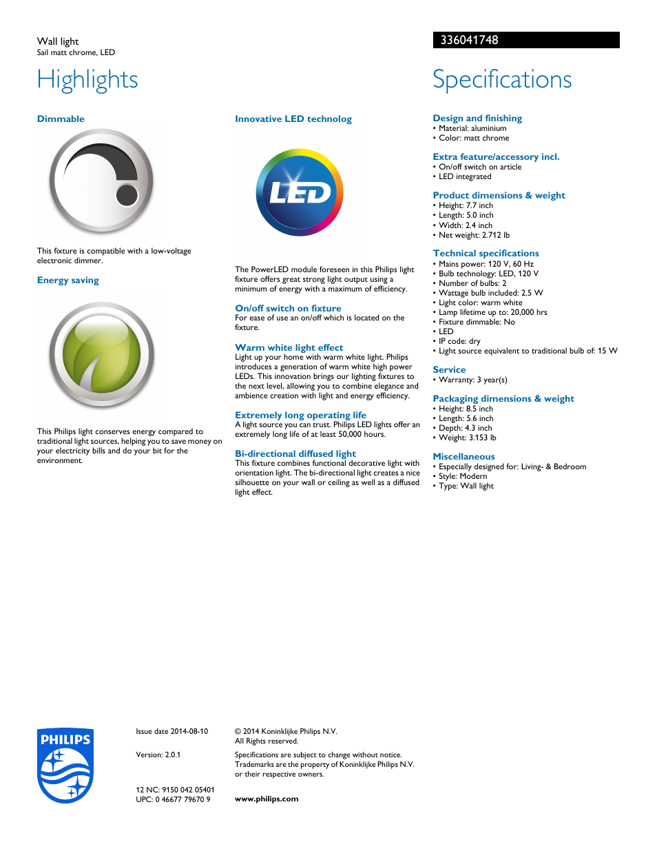 Highlights, Specifications | Philips Led indoor Wall light 33604-17-48 Sail matt chrome LED User Manual | Page 2 / 2