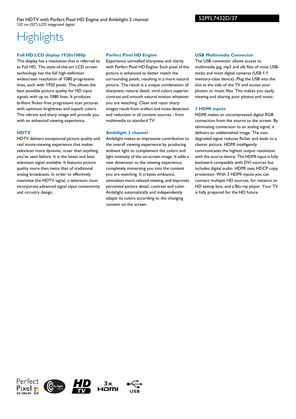 Highlights | Philips 52PFL7432D-37 User Manual | Page 2 / 3