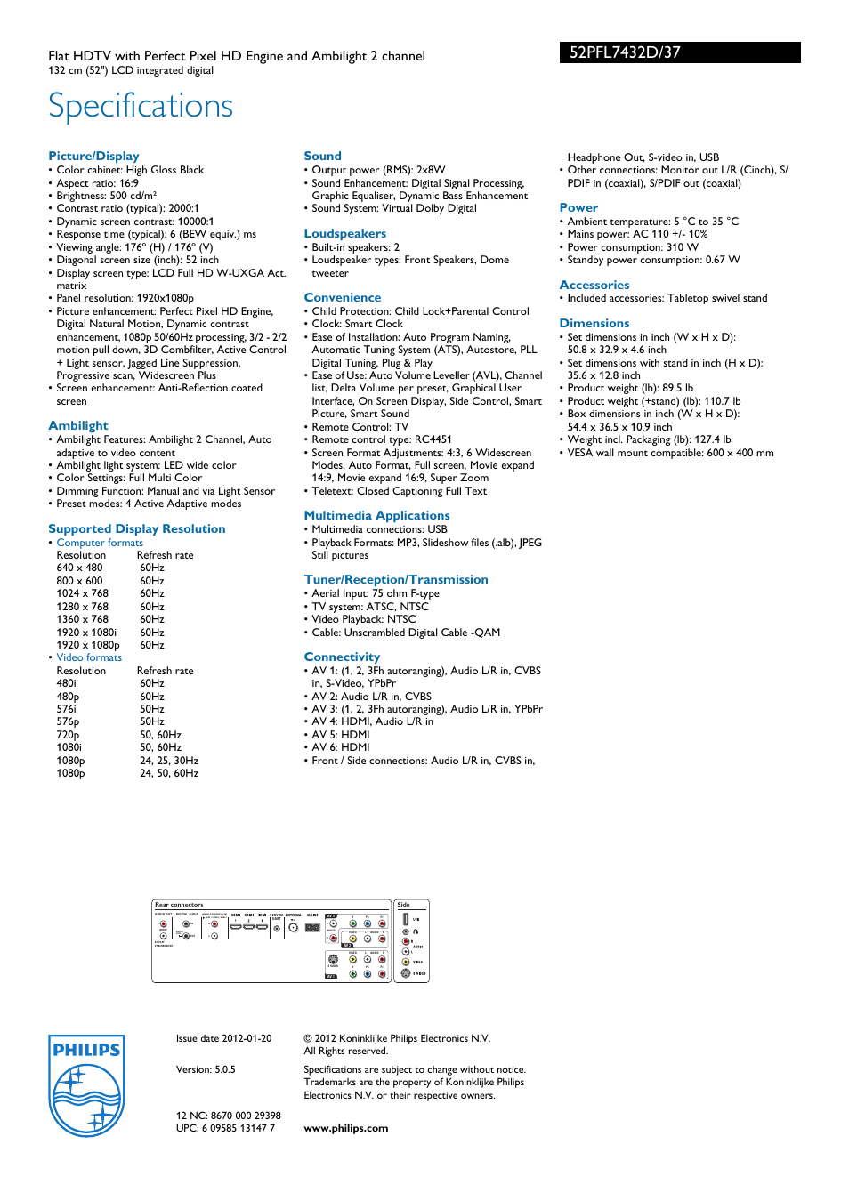 Specifications, Picture/display, Ambilight | Supported display resolution, Sound, Loudspeakers, Convenience, Multimedia applications, Tuner/reception/transmission, Connectivity | Philips 52PFL7432D-37 User Manual | Page 3 / 3