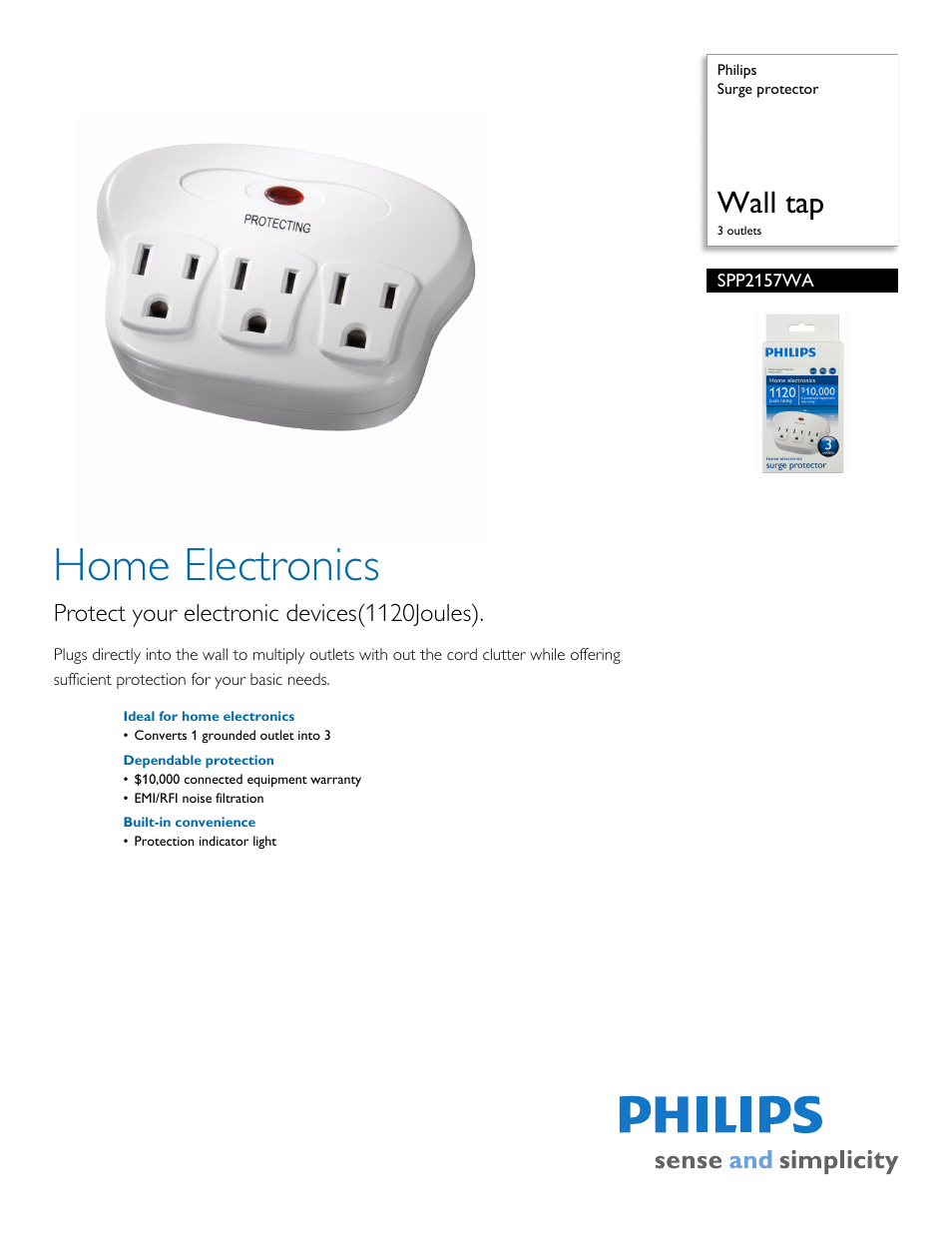 Philips Surge protector SPP2157WA Wall tap 3 outlets User Manual | 2 pages