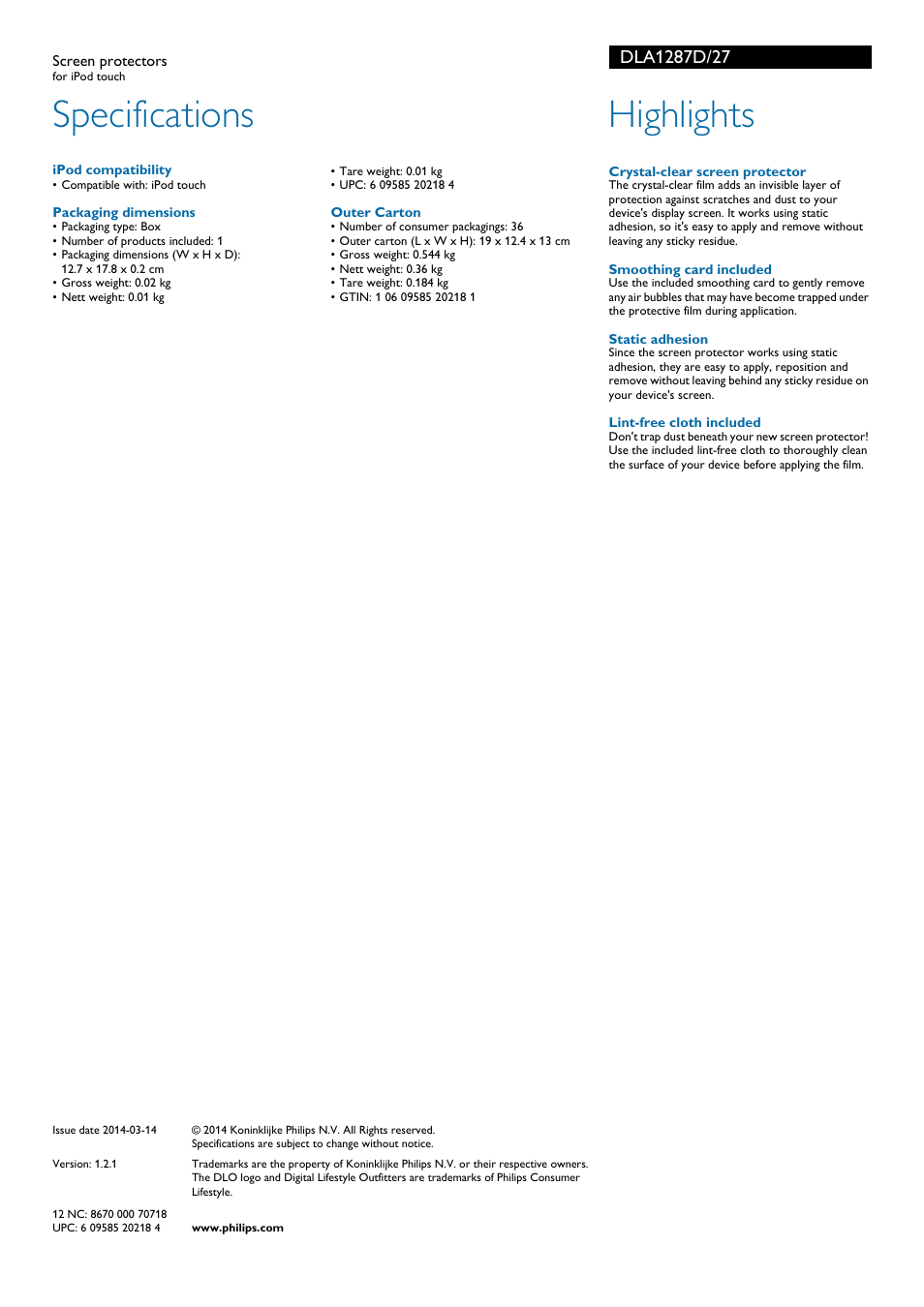 Specifications, Highlights | Philips DLA1287D-27 User Manual | Page 2 / 2