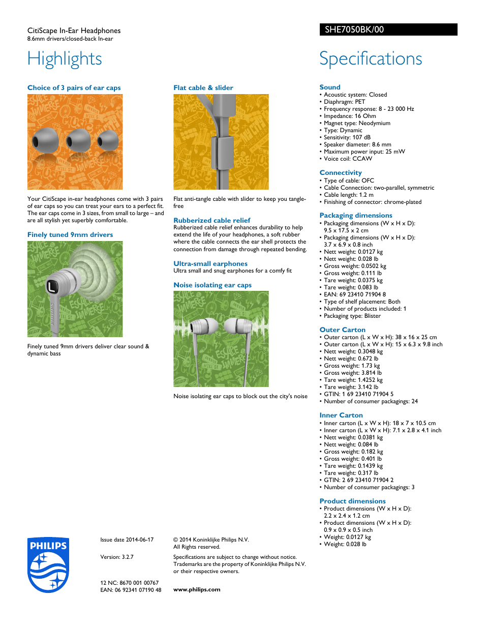 Highlights, Specifications | Philips SHE7050BK-00 User Manual | Page 2 / 2