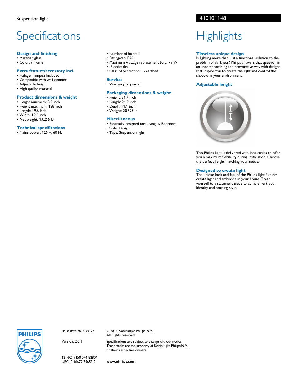 Specifications, Highlights | Philips Roomstylers Suspension light 41010-11-48 User Manual | Page 2 / 2