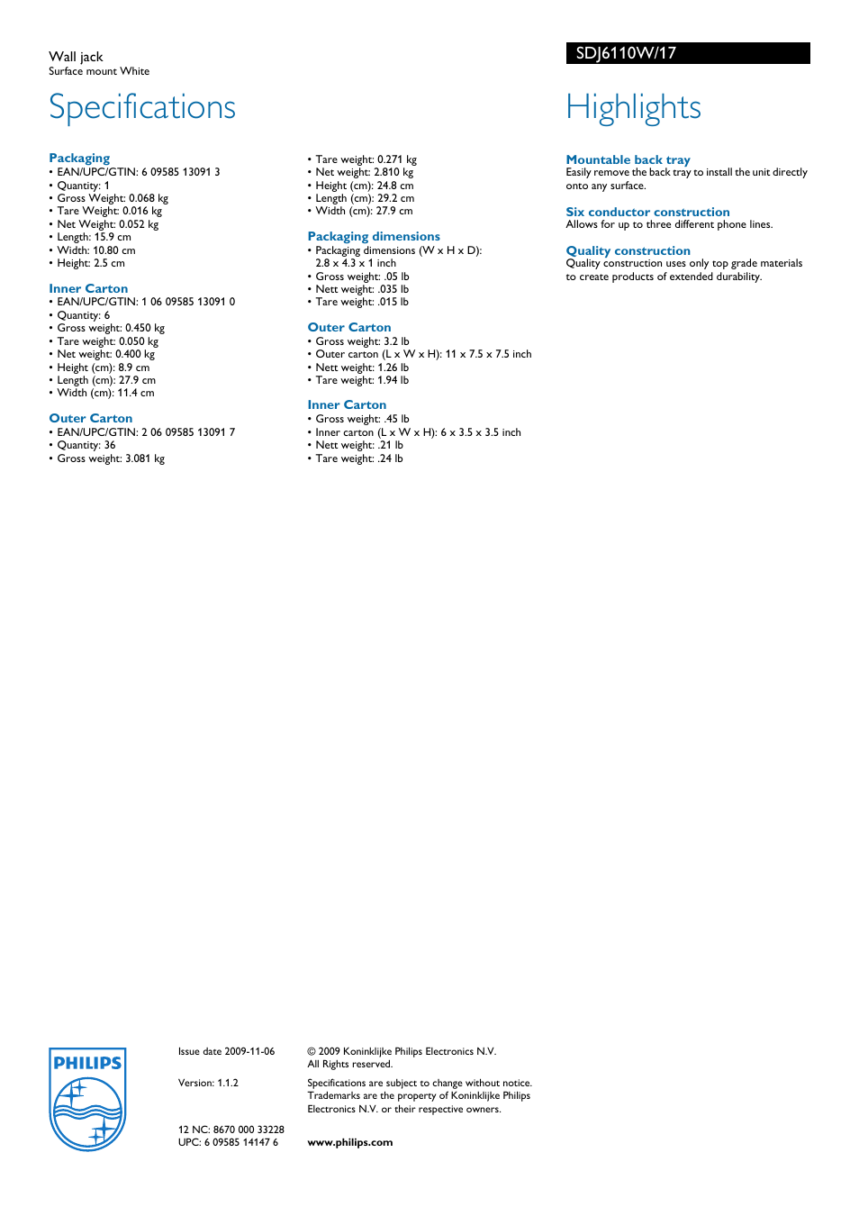 Specifications, Highlights | Philips SDJ6110W-17 User Manual | Page 2 / 2