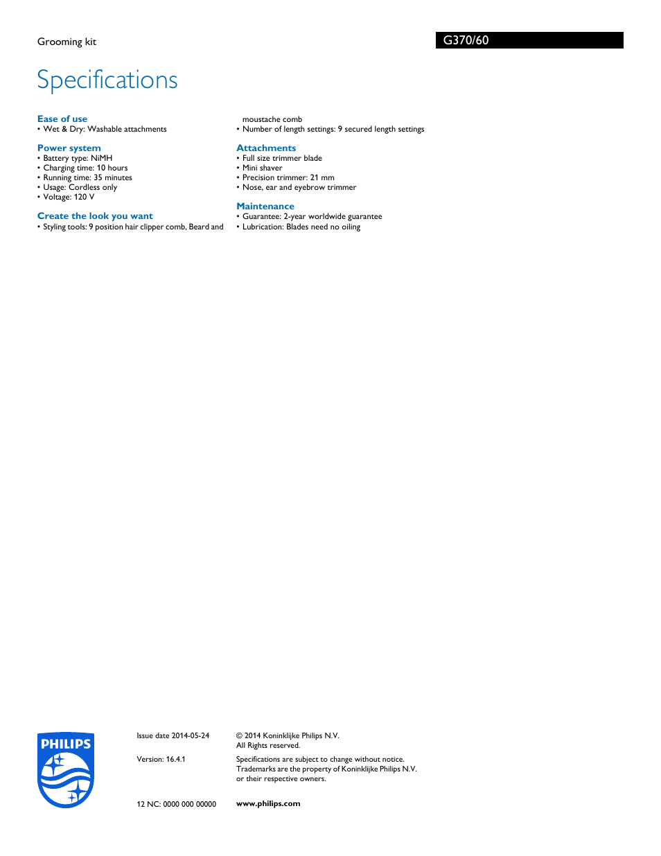 Specifications | Philips G370-60 User Manual | Page 3 / 3