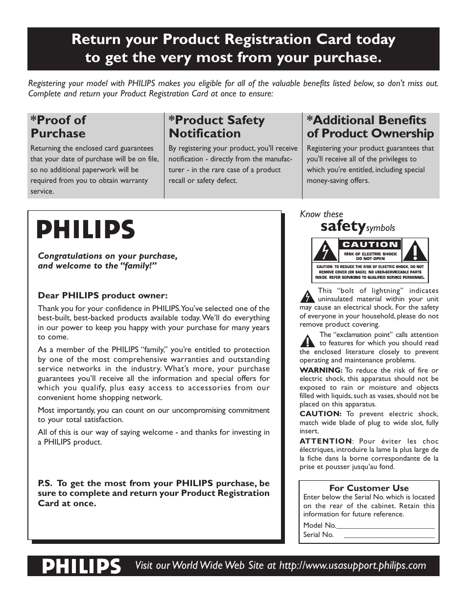 Safety, Proof of purchase, Product safety notification | Additional benefits of product ownership | Philips 51PP9100D-37 User Manual | Page 2 / 39