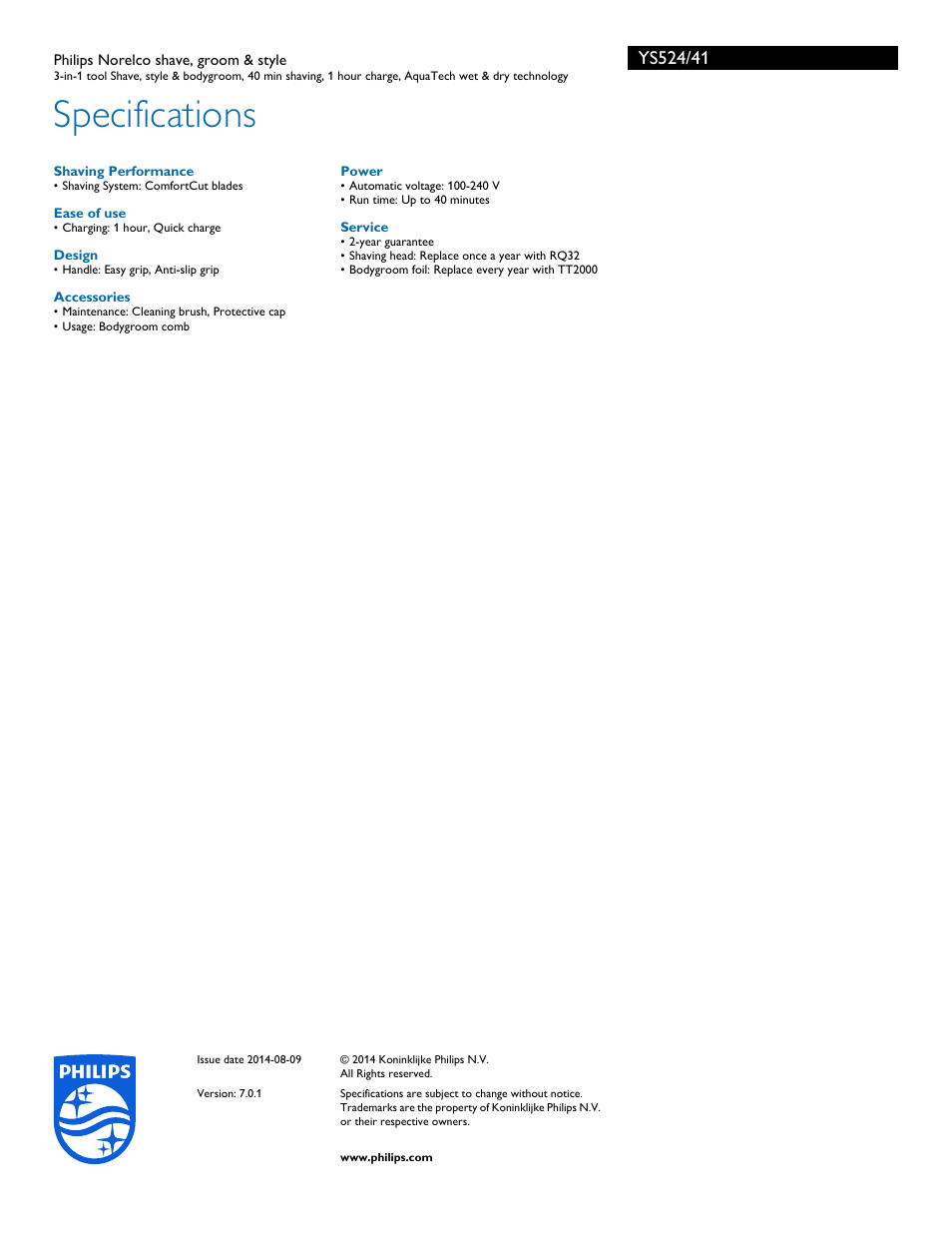 Specifications | Philips YS524-41 User Manual | Page 3 / 3