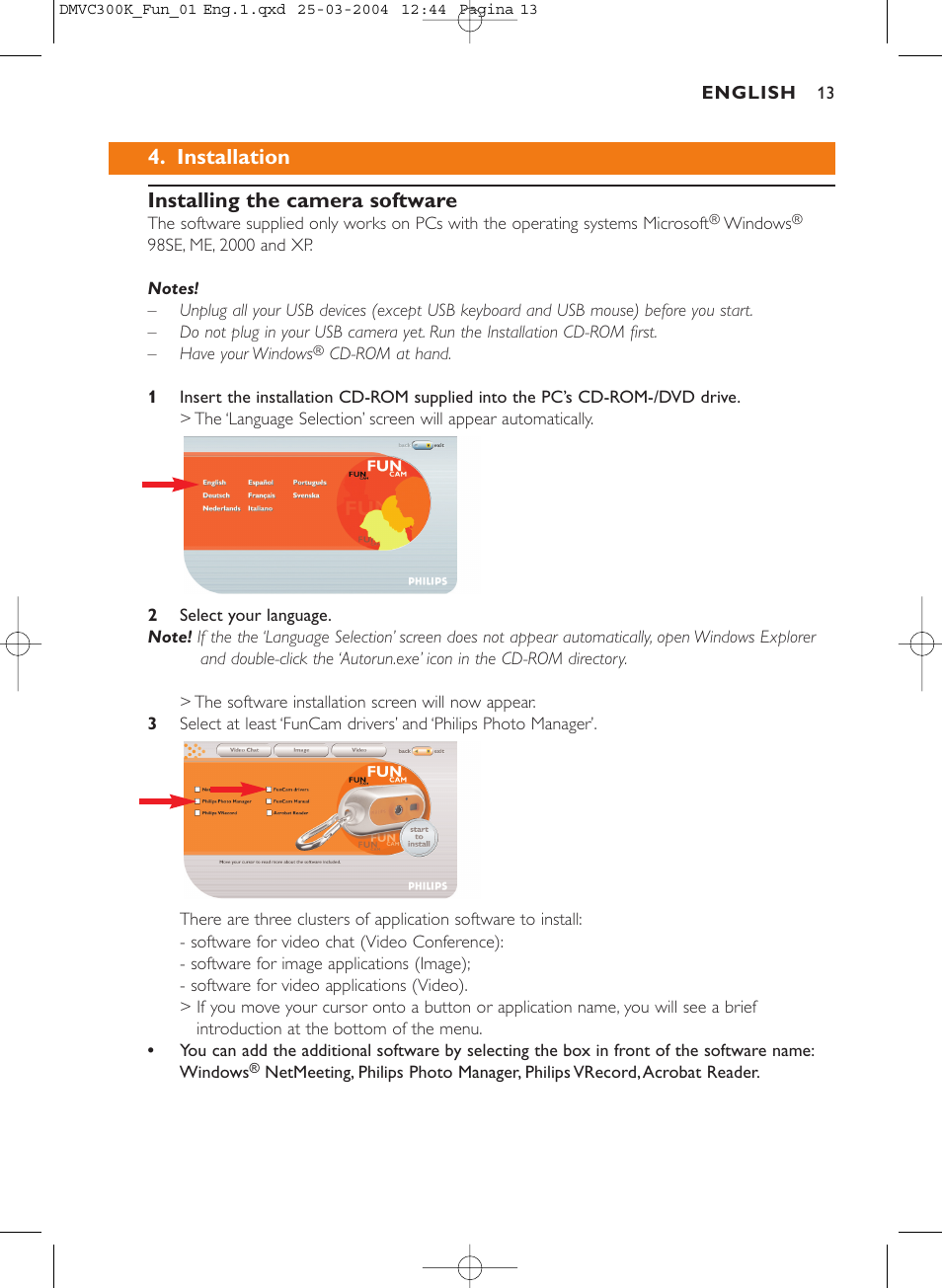 Installation installing the camera software | Philips DMVC300K-37 User Manual | Page 13 / 34