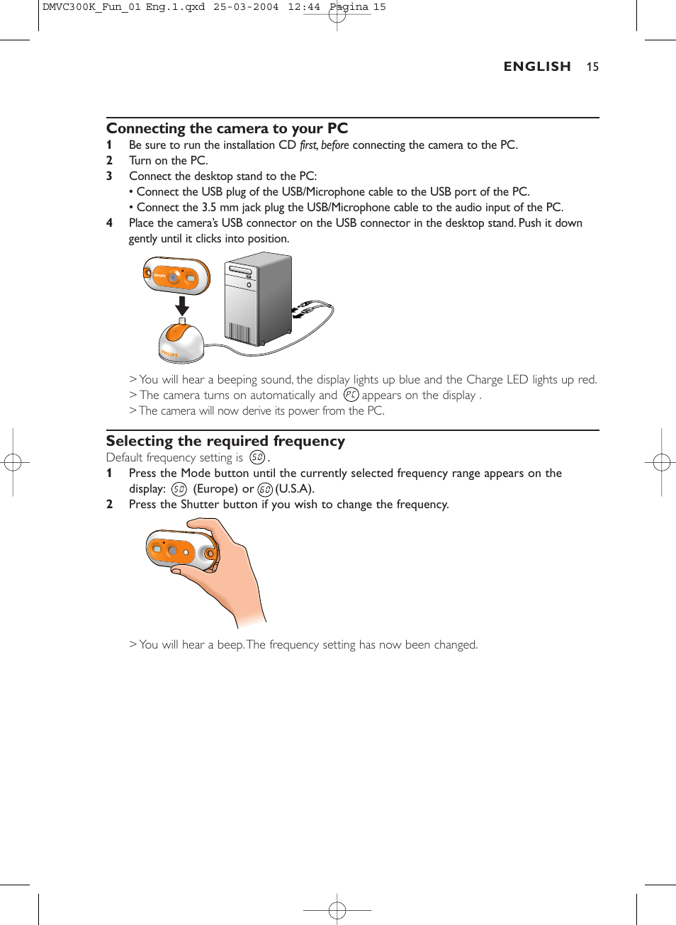 Connecting the camera to your pc, Selecting the required frequency | Philips DMVC300K-37 User Manual | Page 15 / 34