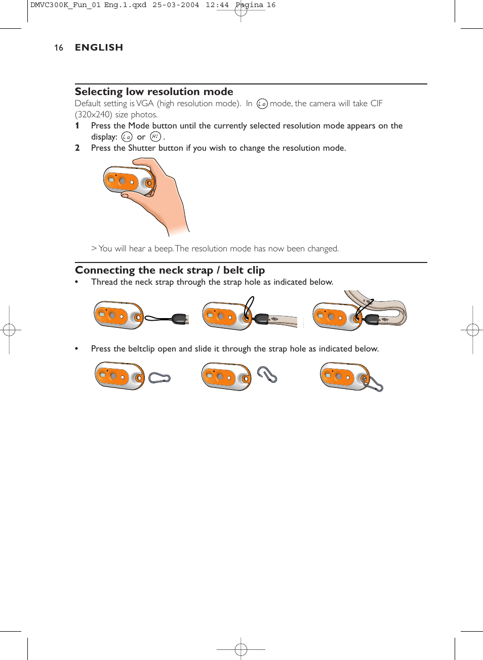 Selecting low resolution mode, Connecting the neck strap / belt clip | Philips DMVC300K-37 User Manual | Page 16 / 34