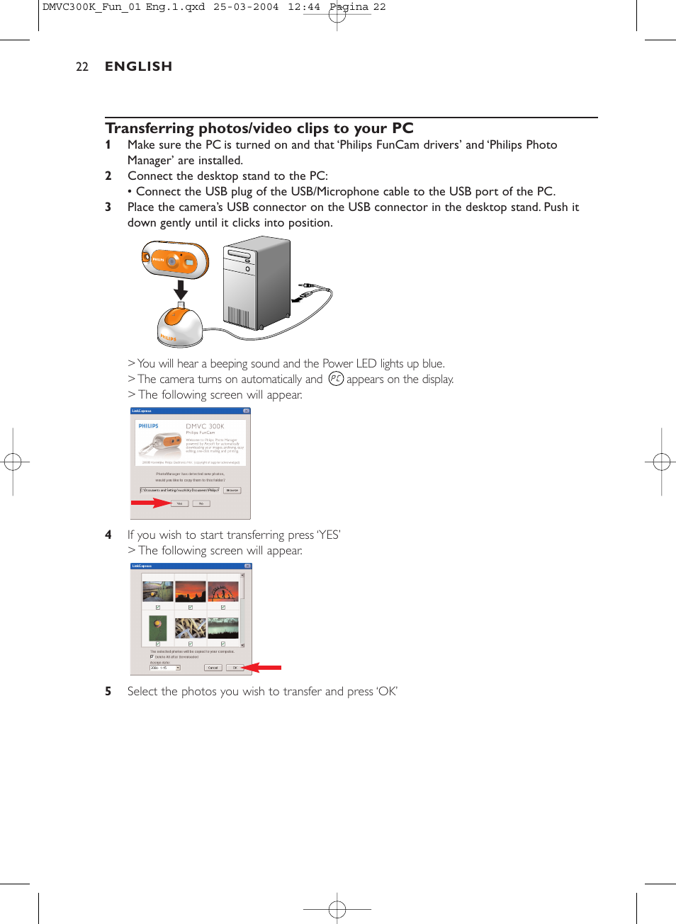 Transferring photos/video clips to your pc | Philips DMVC300K-37 User Manual | Page 22 / 34