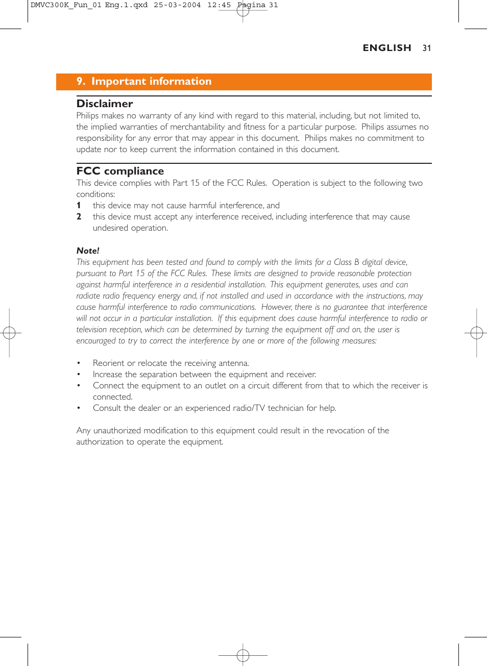 Important information disclaimer, Fcc compliance | Philips DMVC300K-37 User Manual | Page 31 / 34