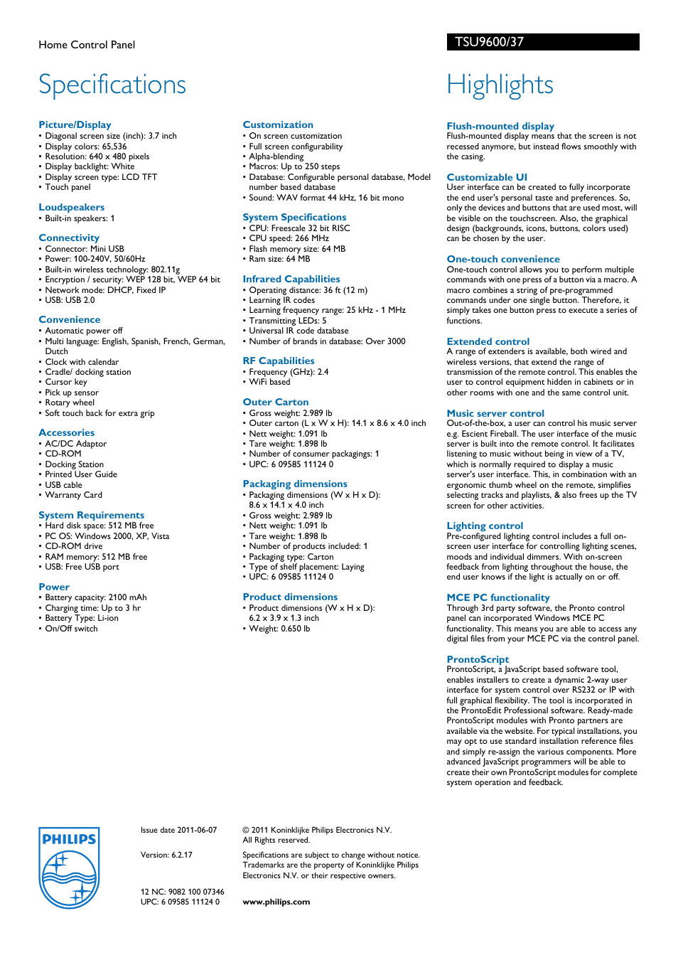 Specifications, Highlights | Philips TSU9600-37 User Manual | Page 2 / 2