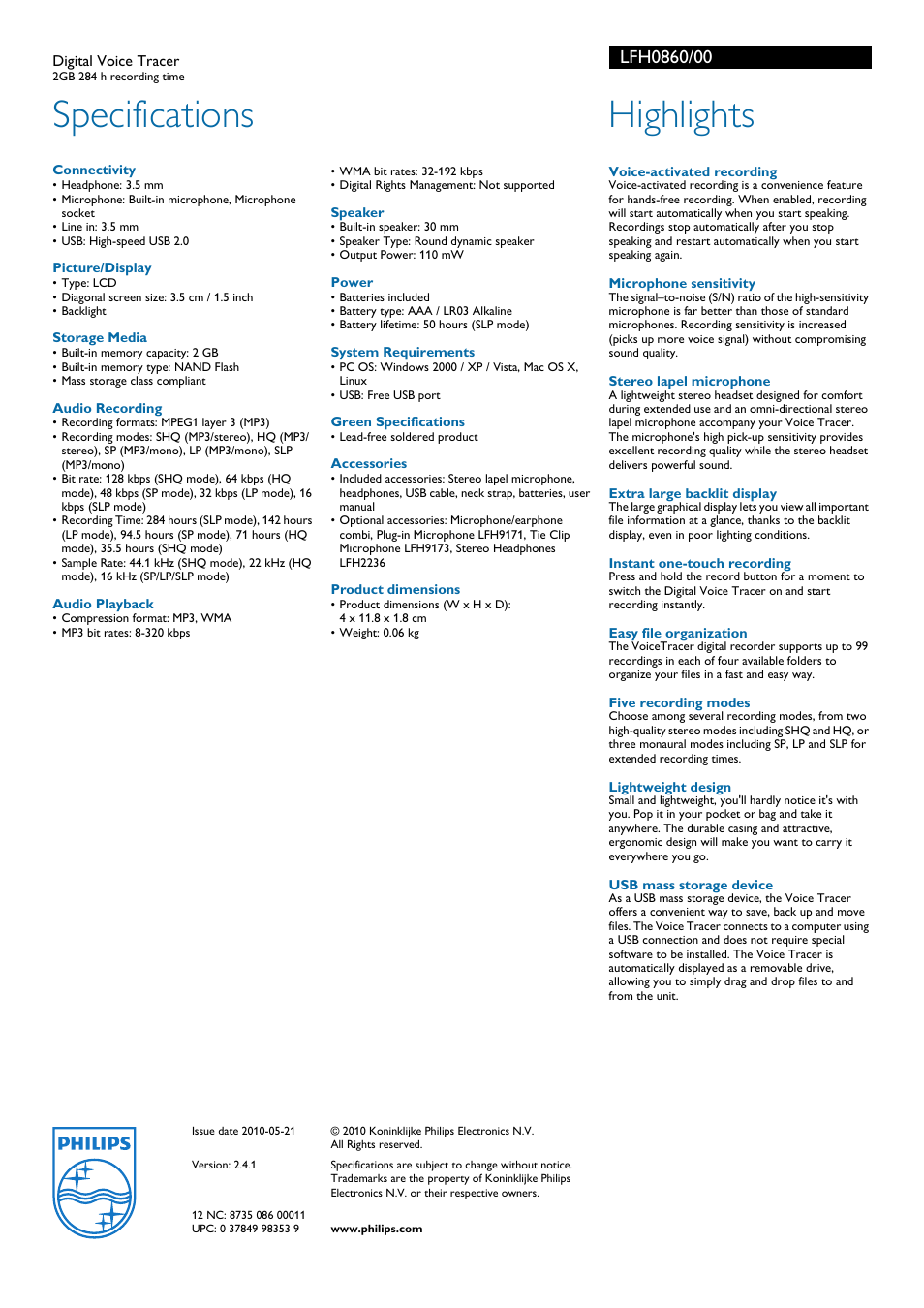 Specifications, Highlights | Philips LFH0860-00 User Manual | Page 2 / 2