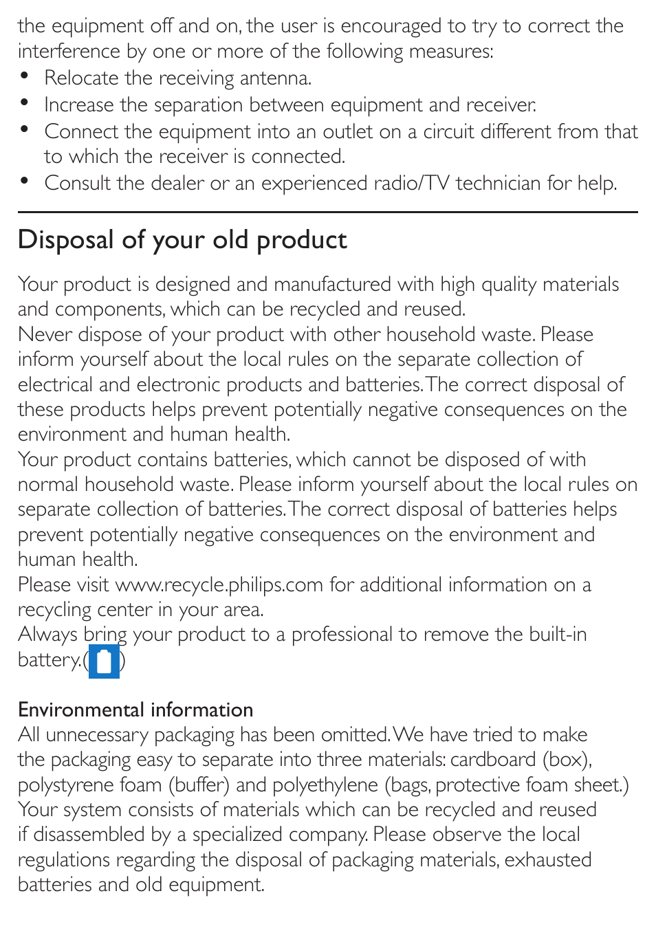 Disposal of your old product | Philips SBA3110-37 User Manual | Page 9 / 14