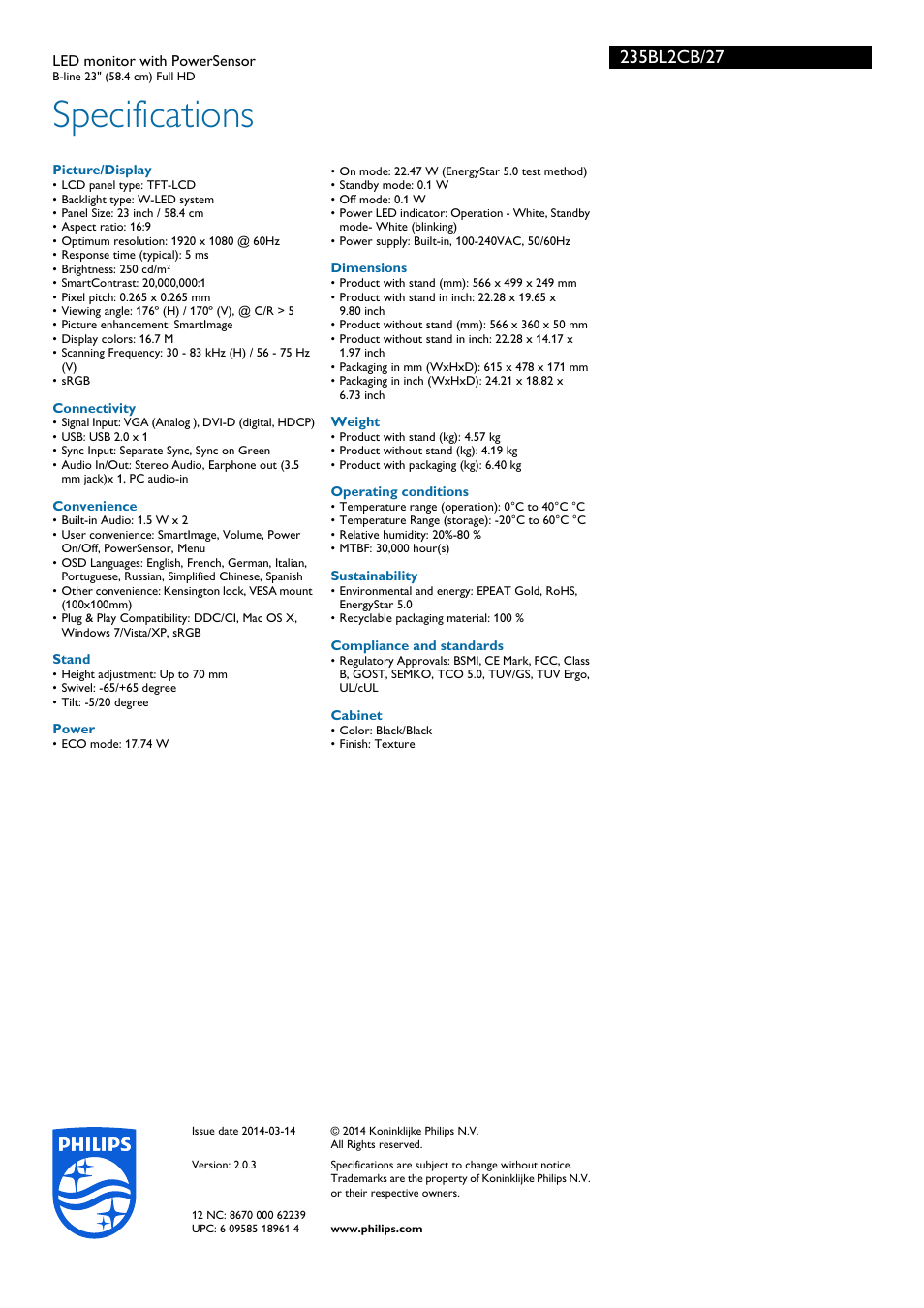 Specifications | Philips 235BL2CB-27 User Manual | Page 3 / 3