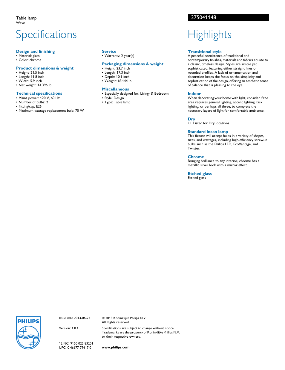 Specifications, Highlights | Philips 375041148 User Manual | Page 2 / 2