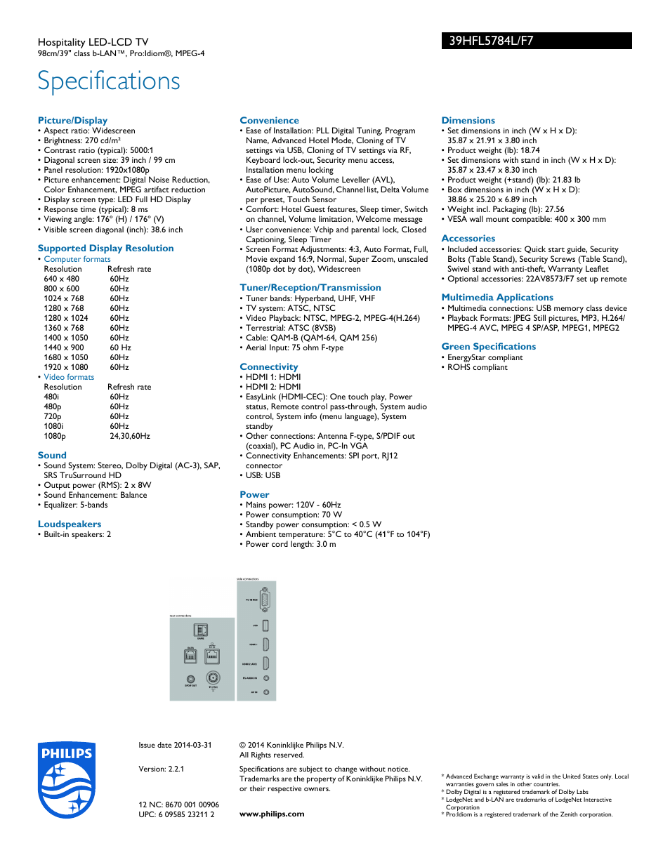 Specifications | Philips 39HFL5784L-F7 User Manual | Page 3 / 3