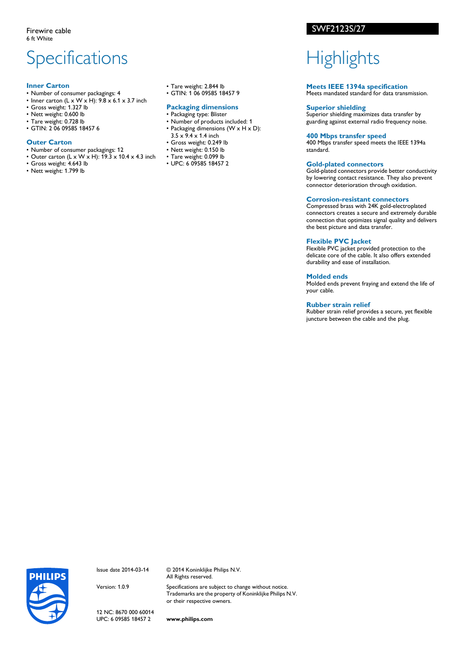 Specifications, Highlights | Philips SWF2123S-27 User Manual | Page 2 / 2