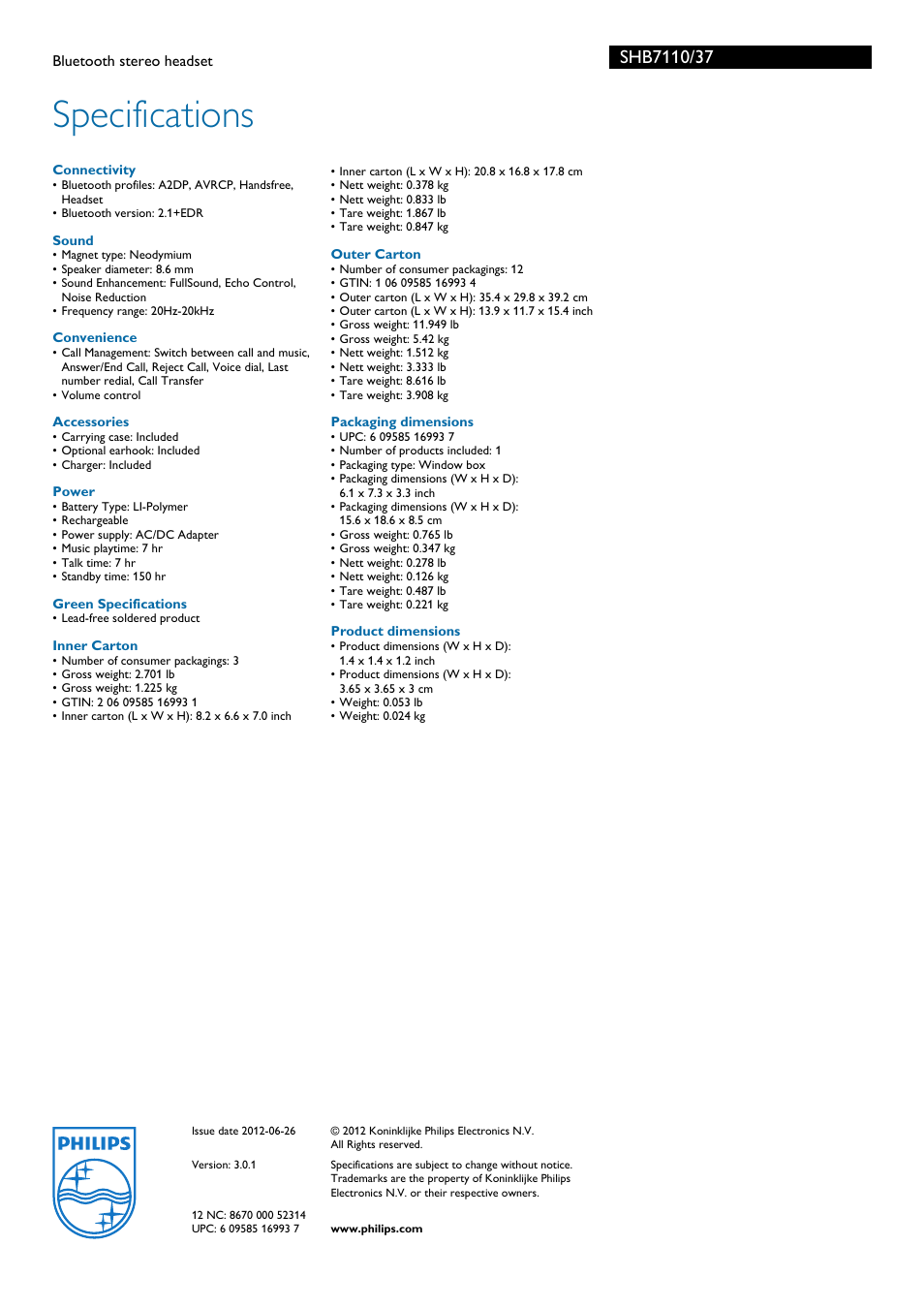 Specifications | Philips SHB7110-37 User Manual | Page 3 / 3