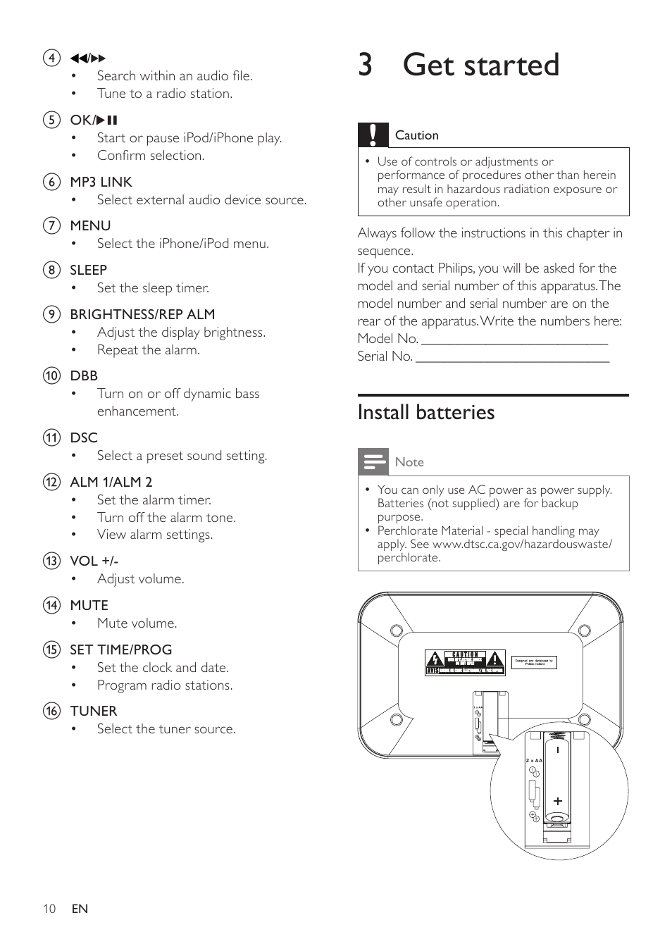 3 get started, Install batteries | Philips DC290-37 User Manual | Page 10 / 18