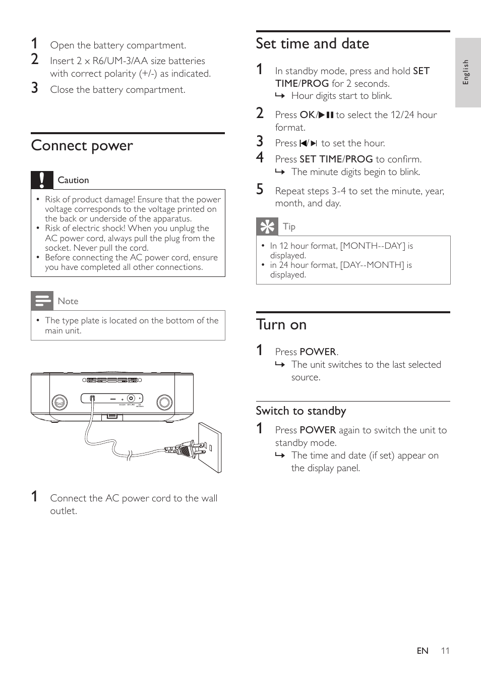 Connect power, Set time and date, Turn on | Set time and date 1, Turn on 1 | Philips DC290-37 User Manual | Page 11 / 18
