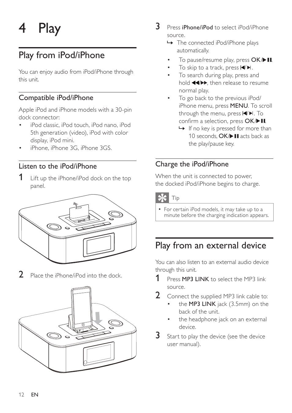 4 play, Play from ipod/iphone, Play from an external device | Philips DC290-37 User Manual | Page 12 / 18
