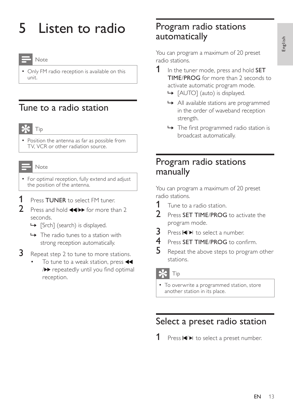 5 listen to radio, Tune to a radio station, Program radio stations automatically | Program radio stations manually, Select a preset radio station, Select a preset radio station 1 | Philips DC290-37 User Manual | Page 13 / 18