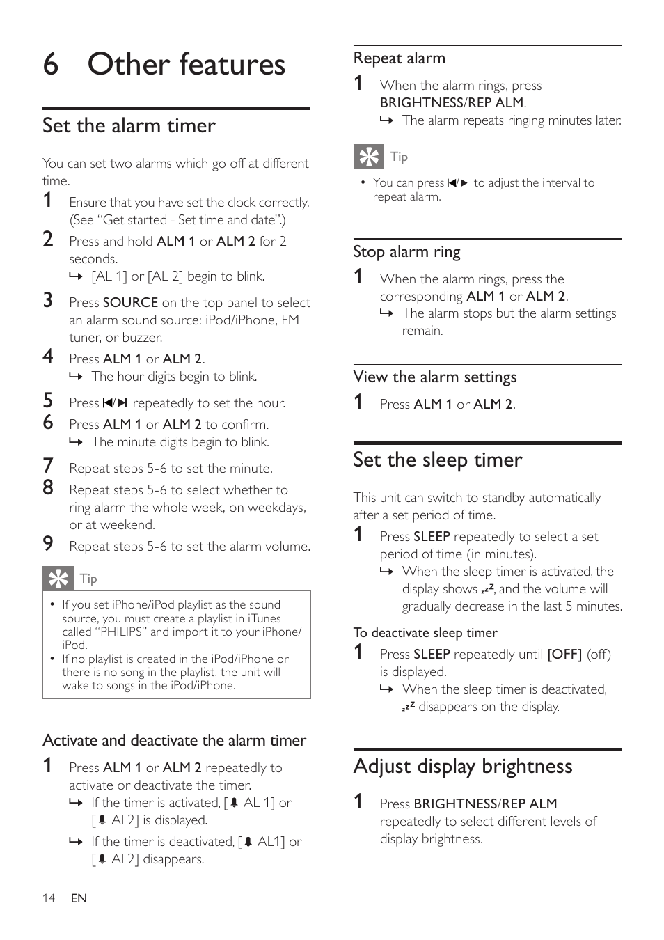 6 other features, Set the alarm timer, Set the sleep timer | Adjust display brightness, Adjust display brightness 1 | Philips DC290-37 User Manual | Page 14 / 18