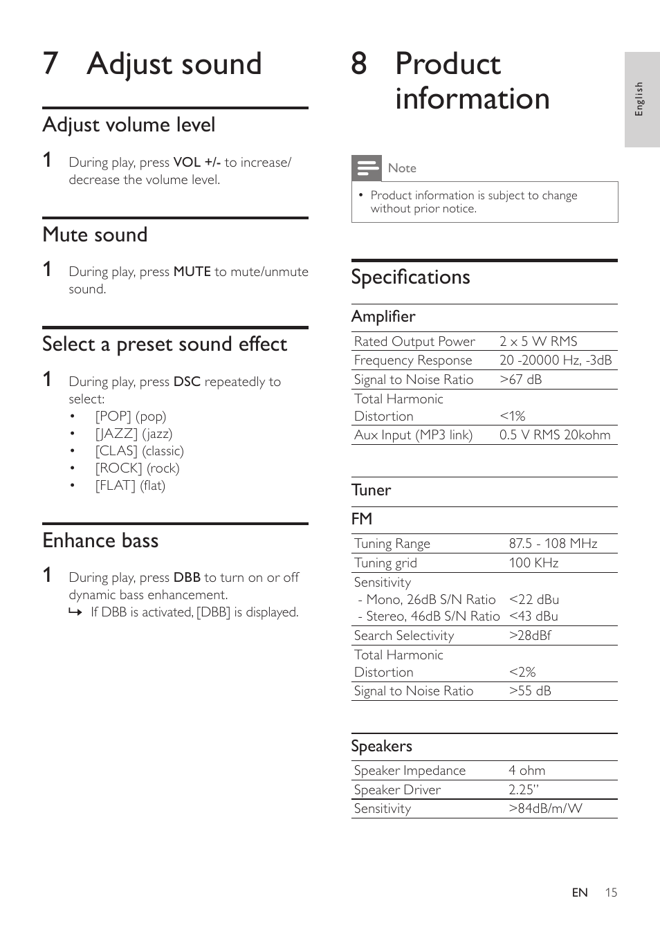 7 adjust sound, Adjust volume level, Mute sound | Select a preset sound effect, Enhance bass, 8 product information, Specifications, Adjust volume level 1, Mute sound 1, Select a preset sound effect 1 | Philips DC290-37 User Manual | Page 15 / 18