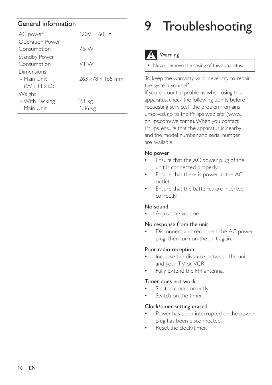 9 troubleshooting, General information | Philips DC290-37 User Manual | Page 16 / 18
