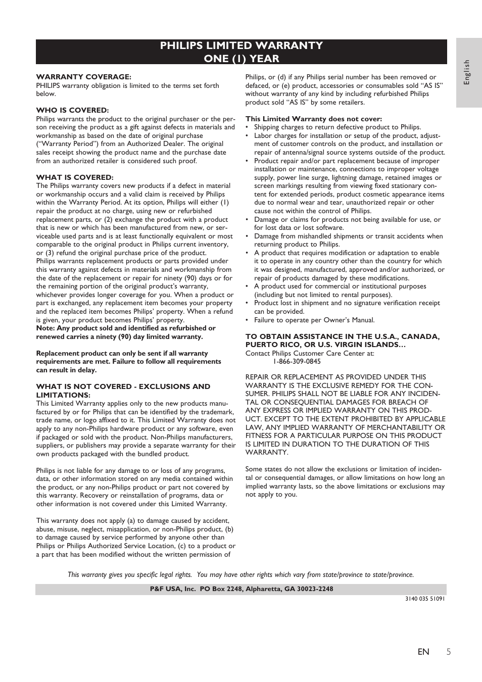 Philips limited warranty one (1) year | Philips DC290-37 User Manual | Page 5 / 18