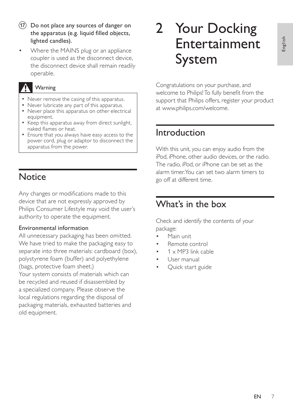 Notice, 2 your docking entertainment system, Introduction | What’s in the box, Notice 7, Introduction 7 | Philips DC290-37 User Manual | Page 7 / 18
