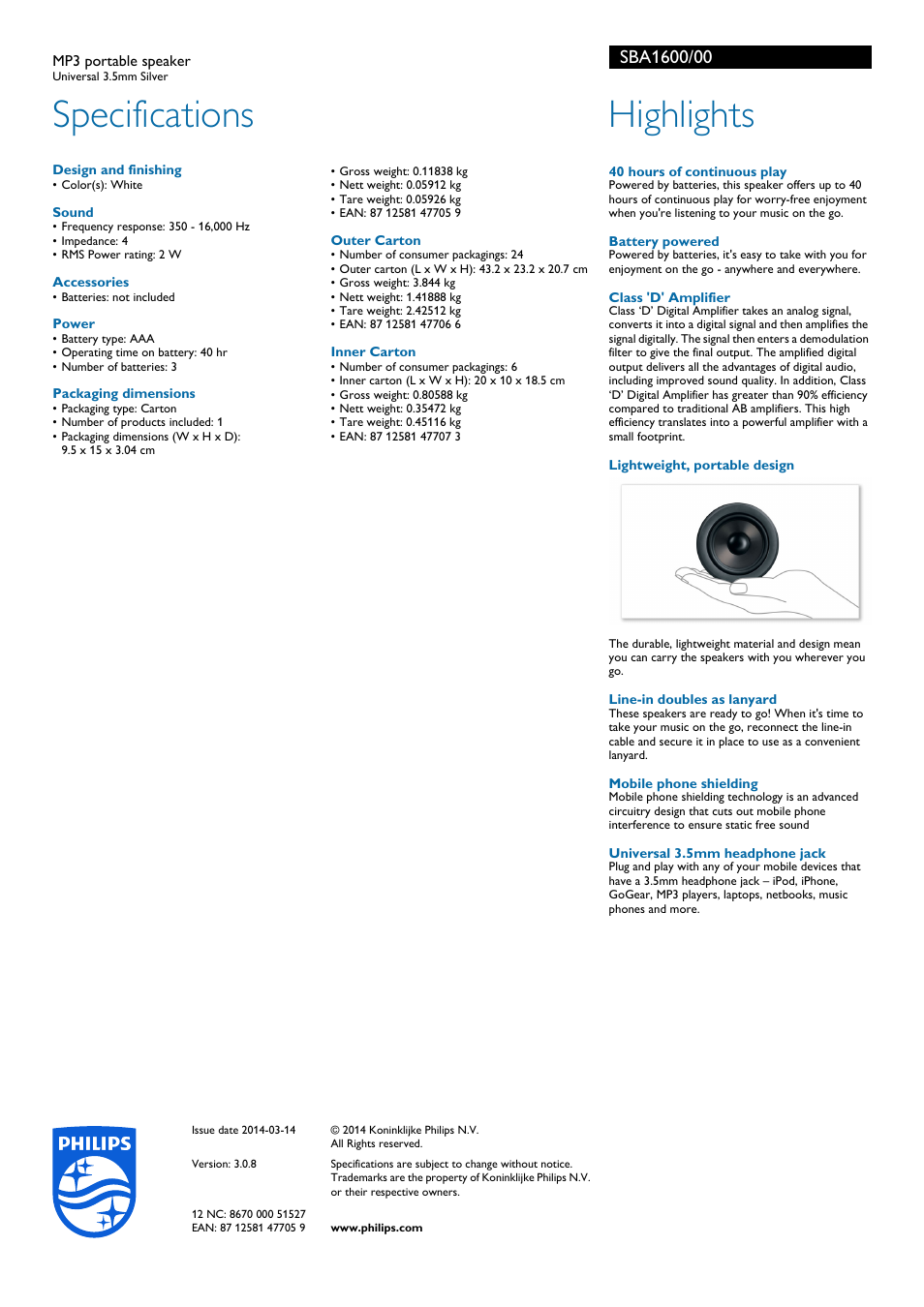 Specifications, Highlights | Philips SBA1600-00 User Manual | Page 2 / 2
